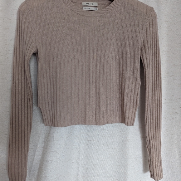 ARITZIA BABATON Nathaniel sweater wool linen cropped rib knit pullover beige XS - Picture 4 of 7